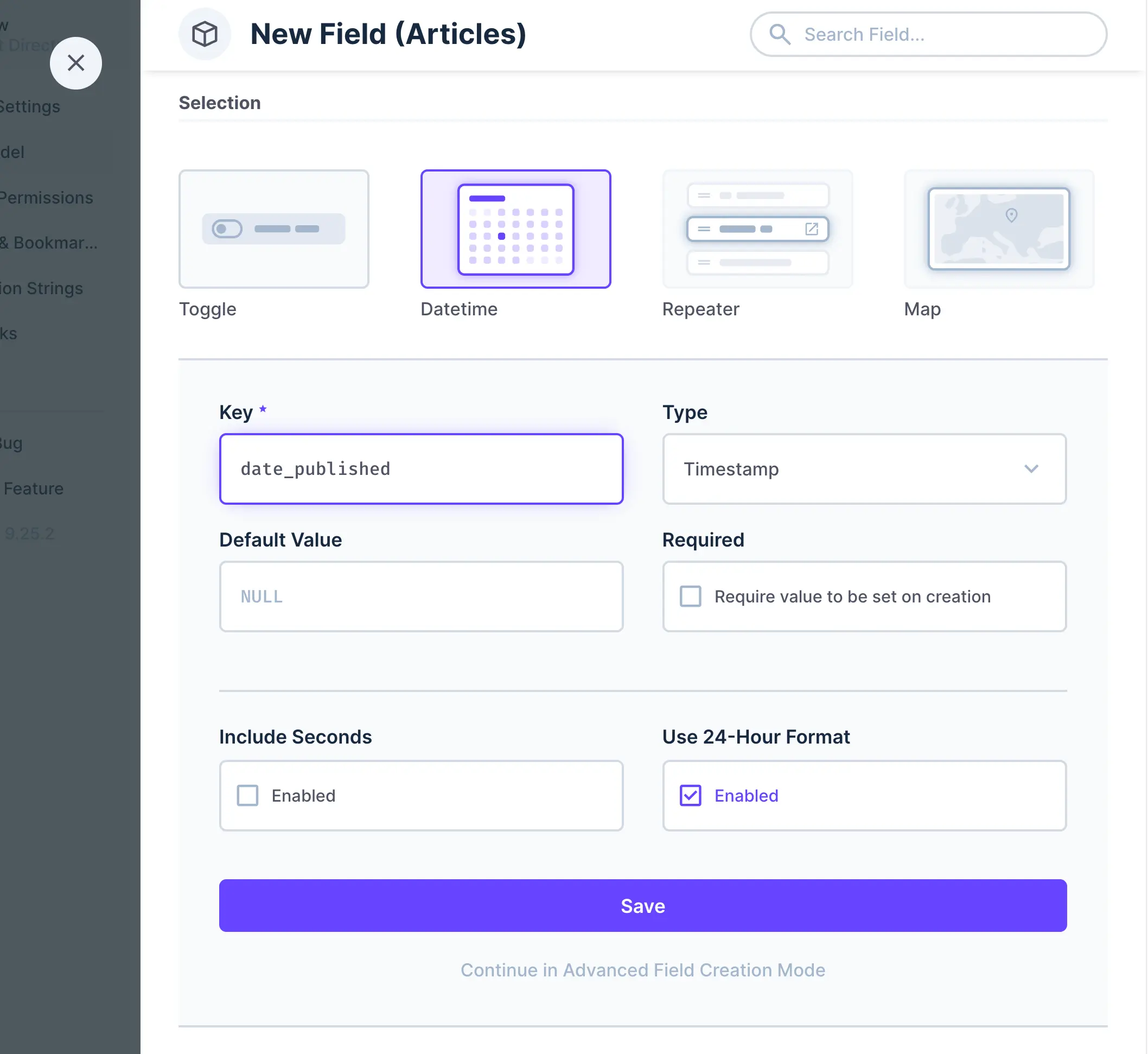 The interface for creating a new field is shown. The field type Datetime is selected. The Key is named date_published. The field for Use 24-Hour format is checked.