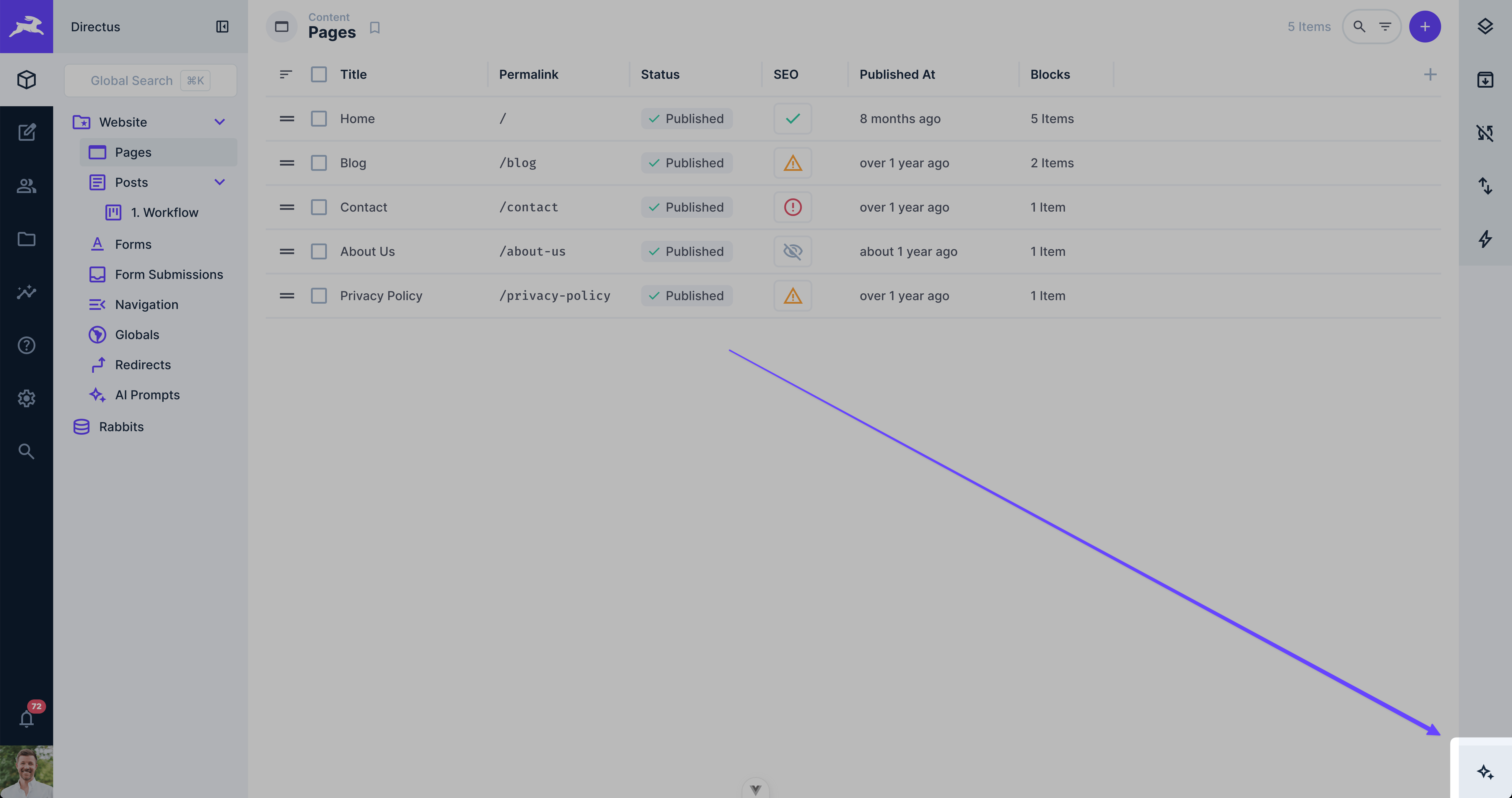 AI Assistant button in Directus header