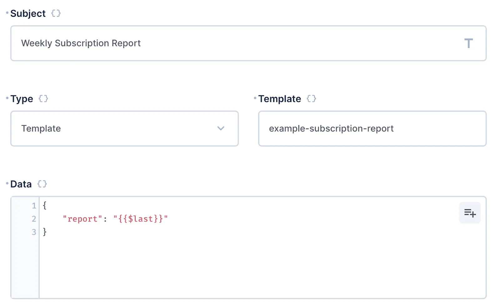 An email showing the custom template and passing in an object with one property - report - and the value of last.