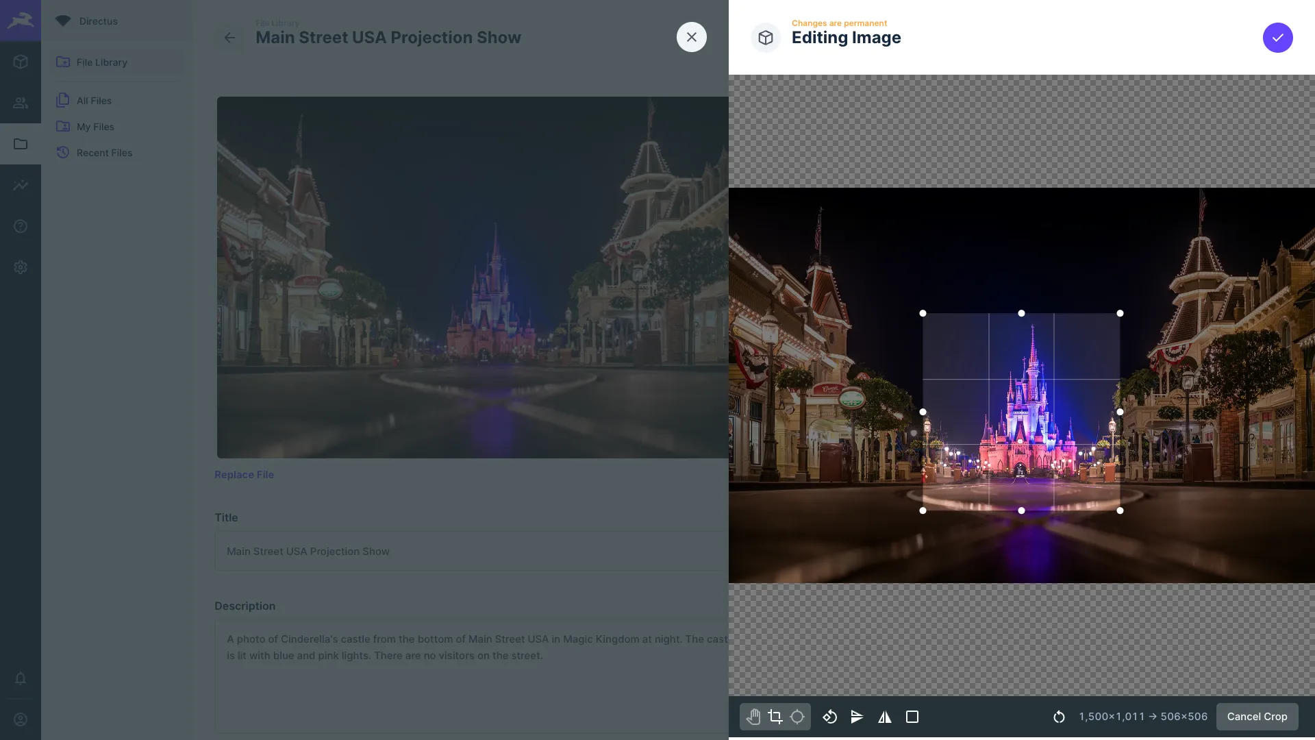 The image editor with a number of options for editing an image, including cropping, focal points, and changing aspect ratios.