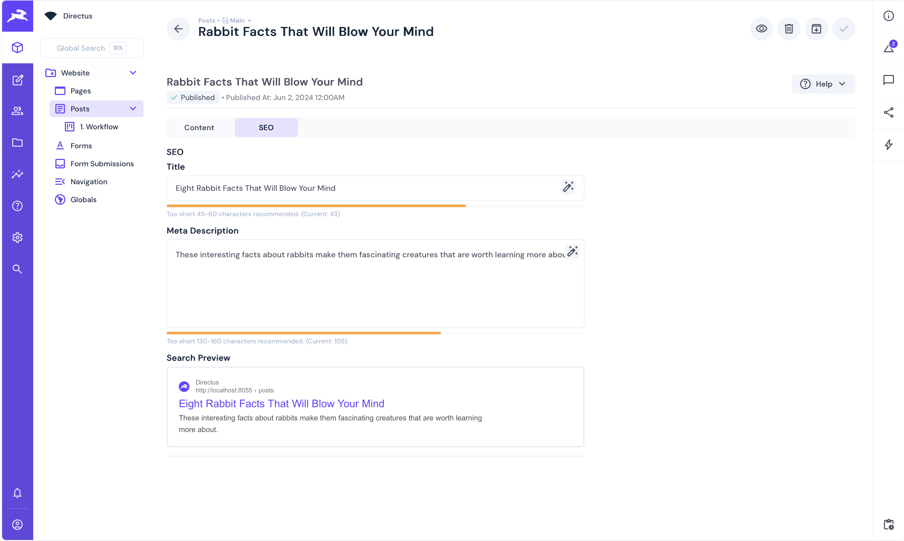 Screenshot of the post page with SEO meta tab active